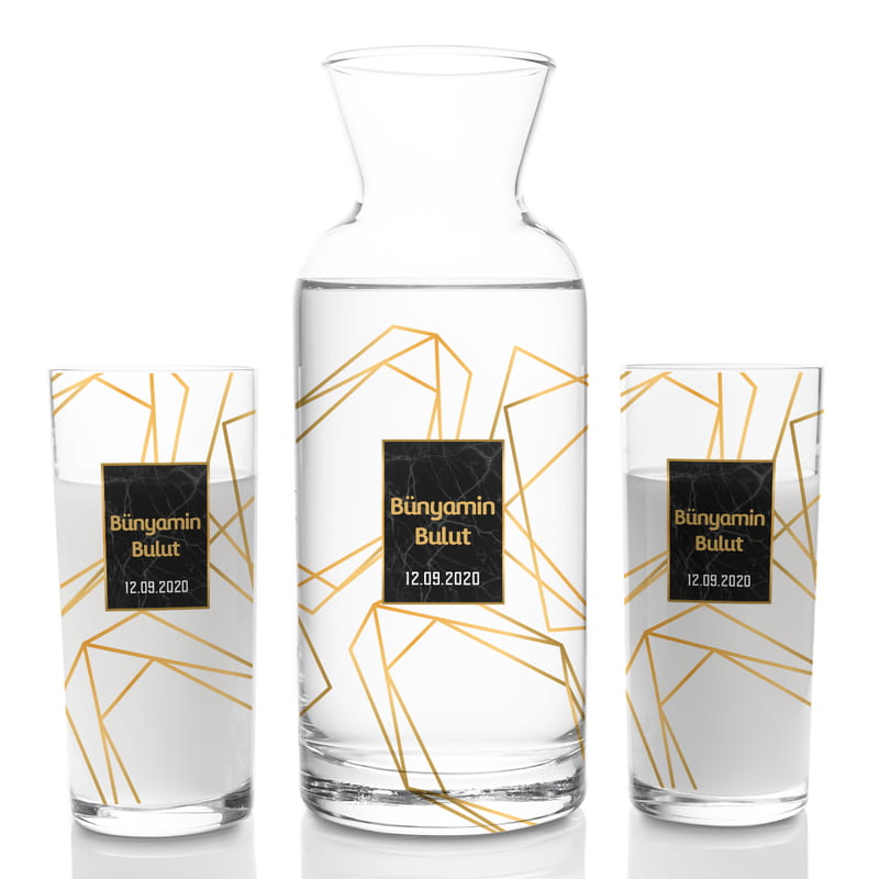 İsim ve Tarih Yazılı Modern Tasarımlı 2li Rakı Kadehi Karaf Seti