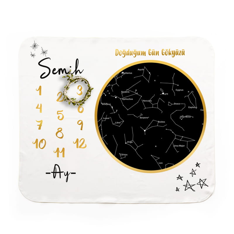 İsme Özel Bebeğinizin Doğduğu Gün Yıldız Haritası Baskılı Battaniye