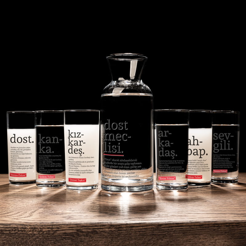 İsme Özel Sözlük Serisi Kelime Anlamı 6'lı Rakı Kadehi ve Karaf Seti