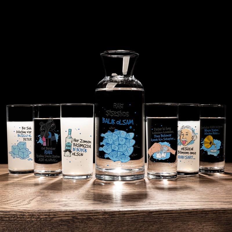 Kalabalık Sofralara Esprili 6+1 Rakı Kadehi & Karaf Seti