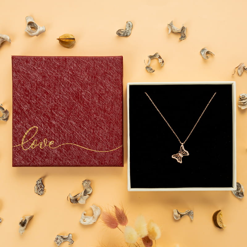 Kelebek Tasarımlı Zirkon Taşlı Rose Kaplama Gümüş Kolye