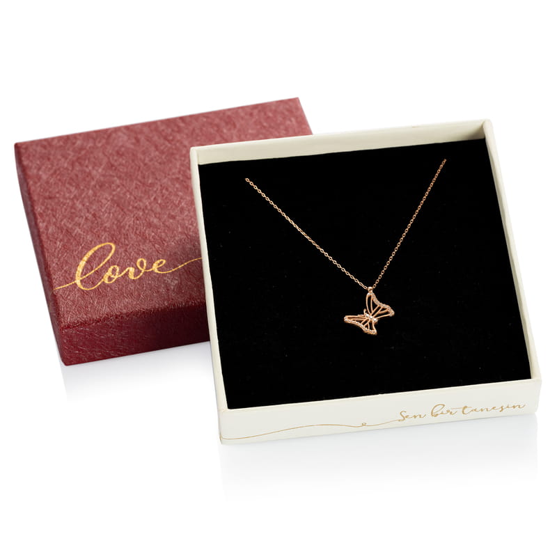 Kelebek Tasarımlı Zirkon Taşlı Rose Kaplama Gümüş Kolye