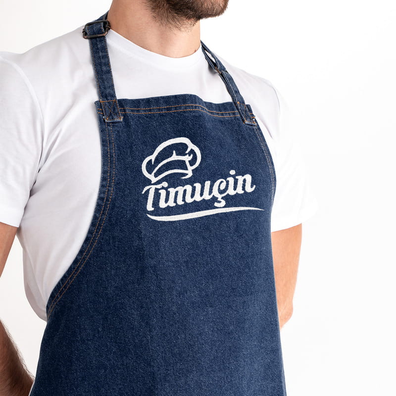 Şeflere Hediye Nakış İşlemeli İsme Özel Kot Aşçı Önlüğü