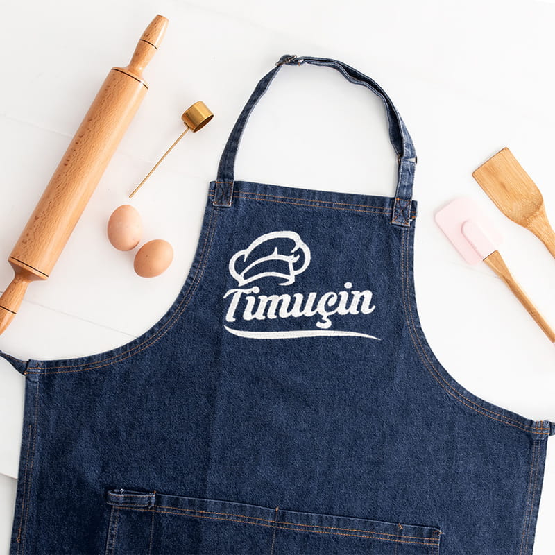 Şeflere Hediye Nakış İşlemeli İsme Özel Kot Aşçı Önlüğü