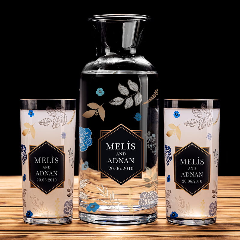 Sevgiliye Hediye Dökülen Yapraklar Tasarımlı 2li Rakı Kadehi Karaf Seti