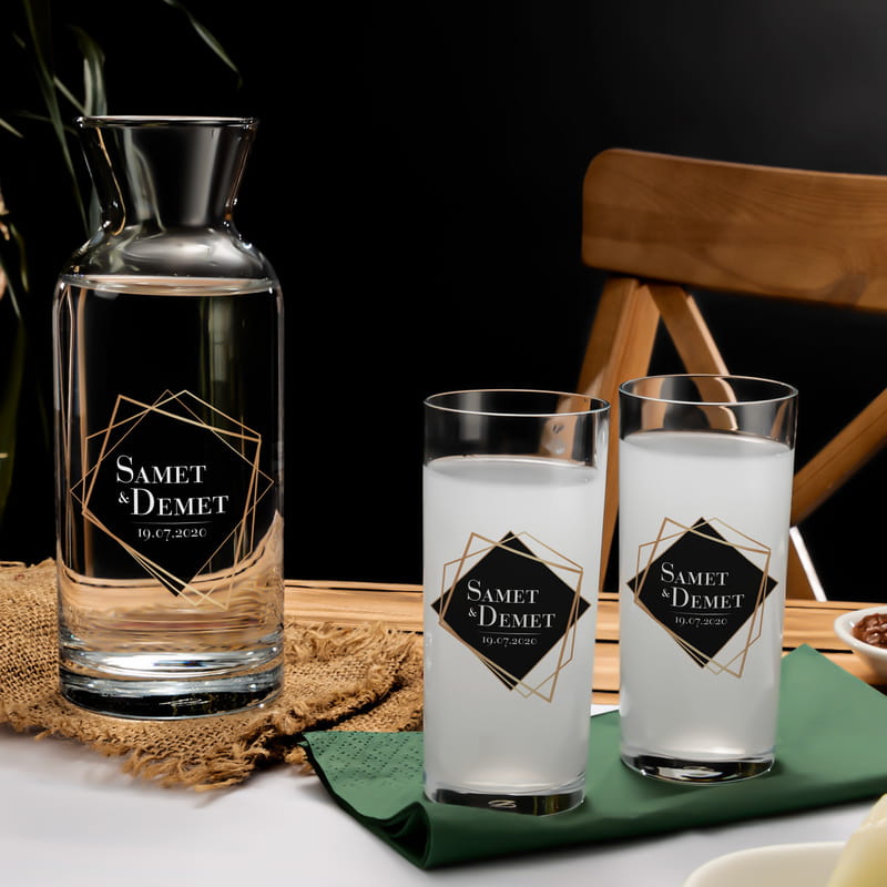 Sevgiliye Hediye Geometrik Tasarımlı 2li Rakı Kadehi Karaf Seti