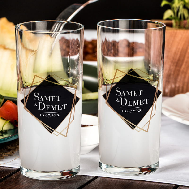 Sevgiliye Hediye Geometrik Tasarımlı 2li Rakı Kadehi Karaf Seti