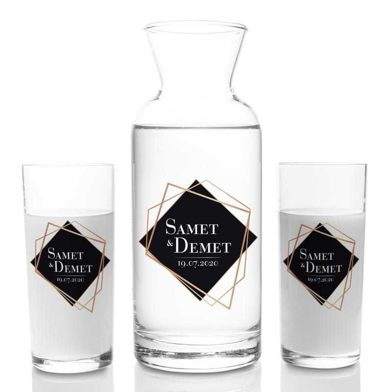 Sevgiliye Hediye Geometrik Tasarımlı 2li Rakı Kadehi Karaf Seti