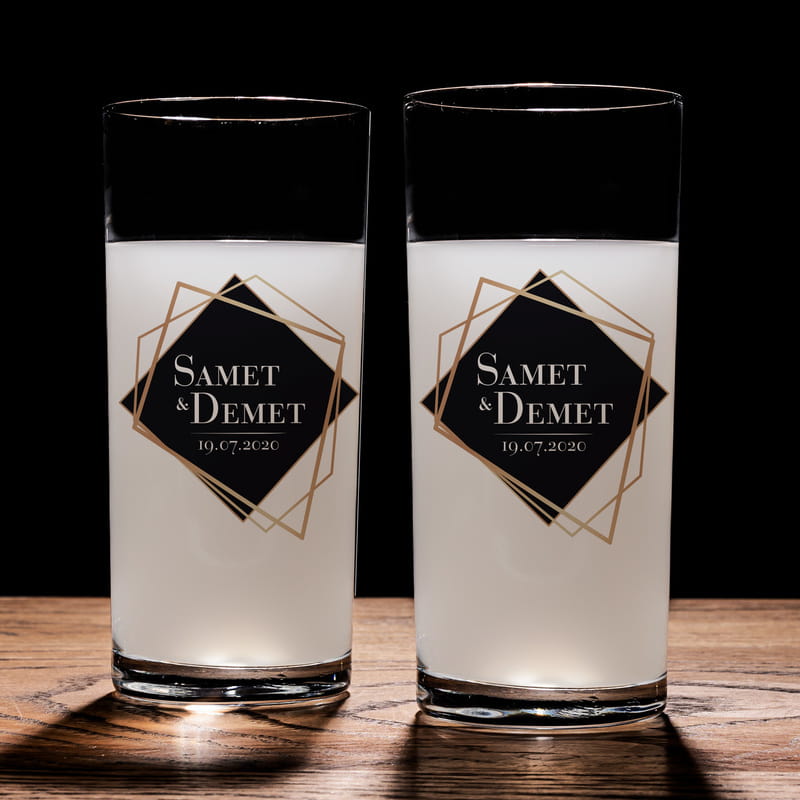 Sevgiliye Hediye Geometrik Tasarımlı 2li Rakı Kadehi Karaf Seti