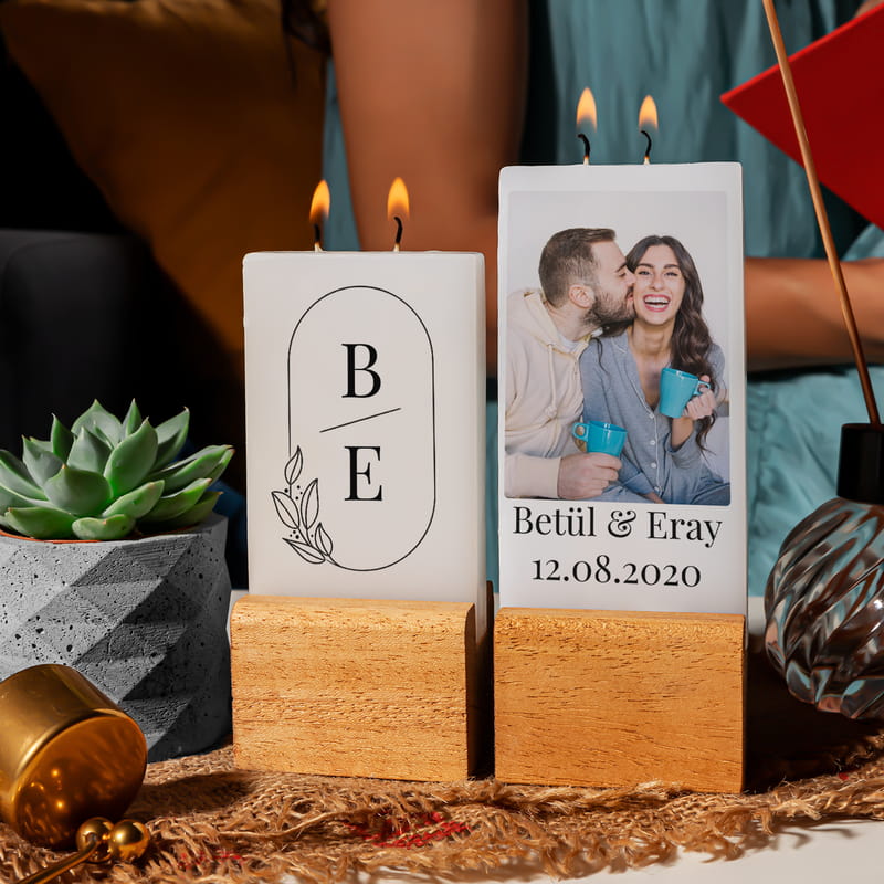 Yeni Evli Çiftlere Ev Hediyesi Fotoğraf Baskılı Dekoratif Mum Seti