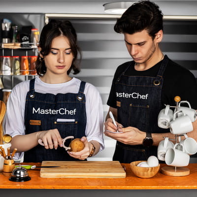 İsme Özel Master Chef Tasarımlı Deri Detaylı 2'li Kot Önlük