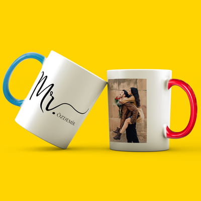 Mr. & Mrs. Tasarımlı Fotoğraf Baskılı 2'li Renkli Kupa Seti