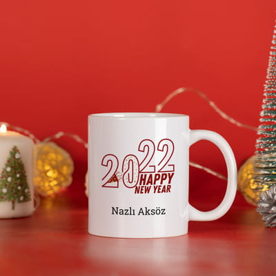 İsme Özel Yeni Yıl Hediyesi Happy New Year Tasarımlı Porselen Kupa