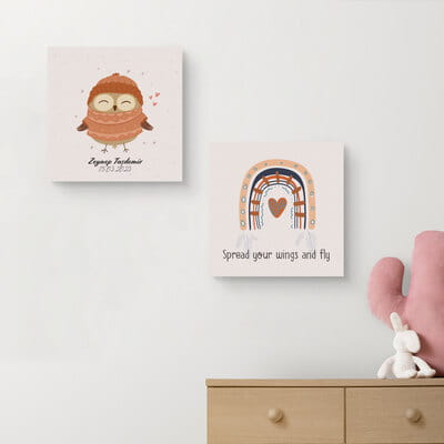 Bebek Odası İçin Kişiye Özel Sevimli Baykuş Tasarımlı 2li Kanvas Tablo Seti