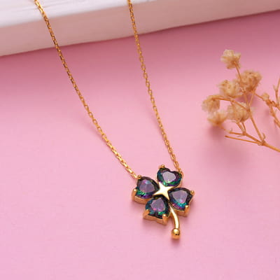 Mistik Topaz 4 Yapraklı Gümüş Yonca Kolye