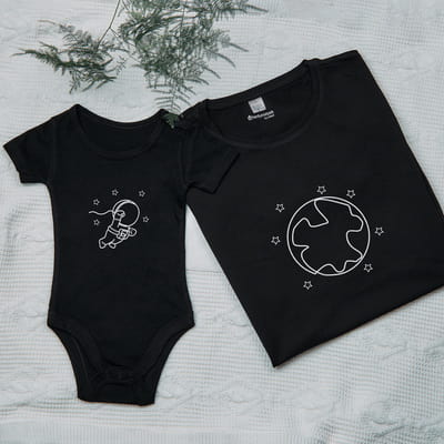 Astronot ve Ay Tasarımlı Baba Bebek Kombini
