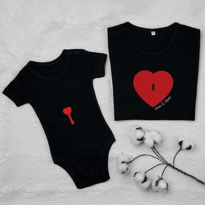 Kalbimin Anahtarı Tasarımlı Anne Çocuk Tişört Body Kombini  - %100 Pamuklu Kumaş