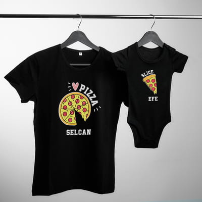 Pizza Tasarımlı Anne Tişört Çocuk Body Kombini - %100 Pamuklu Kumaş