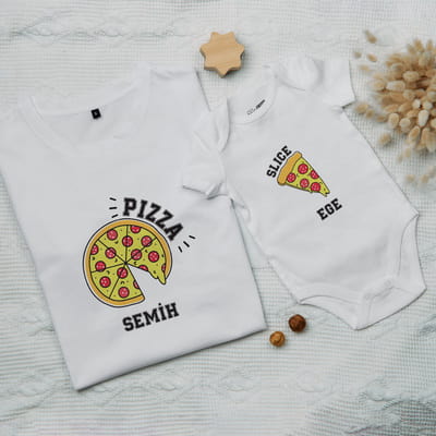 Pizza Tasarımlı Baba Tişört Bebek Zıbın Kombini - %100 Pamuklu Kumaş