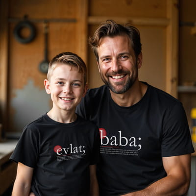 Baba & Evlat Anlamları Tasarımlı Çift Tişörtü - %100 Pamuklu Kumaş