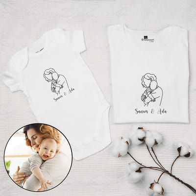 Fotoğrafınıza Özel Line Art Tasarımlı Anne Tişört Bebek Body Kombini