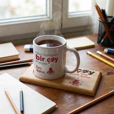 Çay Koliklere Özel Esprili Ahşap Tablalı Kupa