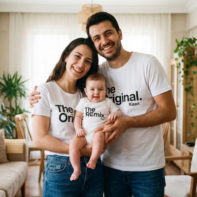 Eğlenceli İsim Yazılı 3'lü Aile Tişört Bebek Body Kombini - %100 Pamuklu Kumaş