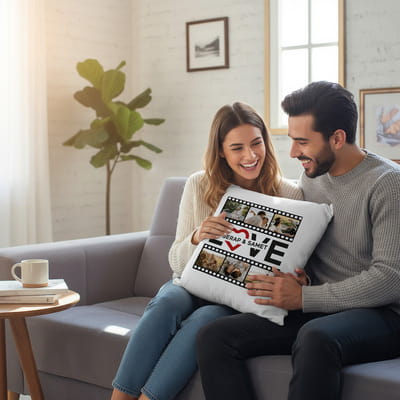 Film Şeridi Tasarımlı Sevgiliye Hediye İsim Yazılı Kırlent Yastık