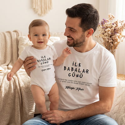 İlk Babalar Günü Hediyesi Baba Tişört Bebek Body Kombini - %100 Pamuklu Kumaş