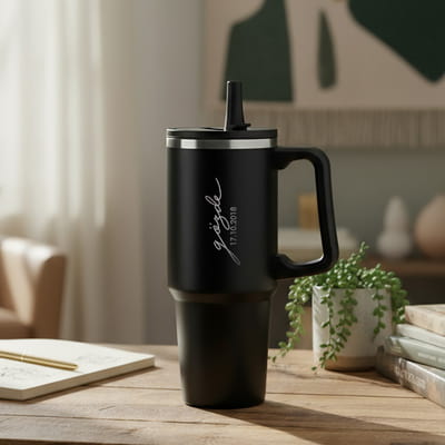 İsim Yazılı Siyah Çelik Termos Kupa