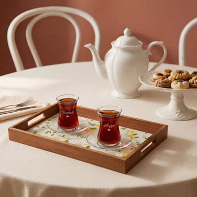 İsme Özel Çiçekli 2’li Çay Bardağı ve Ahşap Sunum Tepsisi