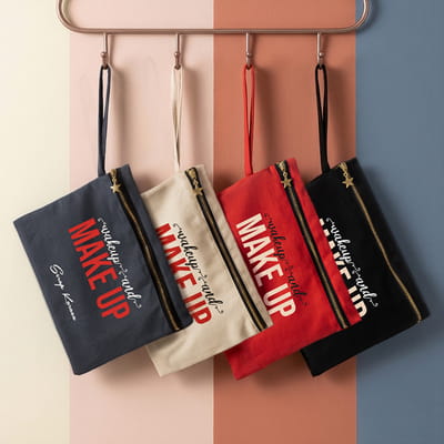 İsme Özel Wake Up and Make Up Tasarımlı Kanvas Makyaj Çantası