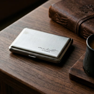 İsminize Özel Minimal İmza Tasarımlı Tarihli Metal Sigara Tabakası