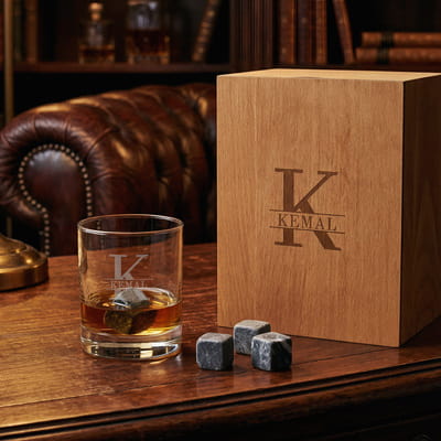 Kişiye Özel İsimli Monogram Viski Bardağı Seti - Ahşap Kutulu