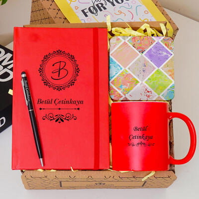 Kişiye Özel Renkli Defter Kırmızı Kupa Bardak Tükenmez Kalem Hediye Seti