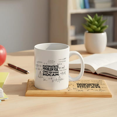 Matematikte Problem Yok Hocam Ahşap Kaideli Esprili Kupa Bardak