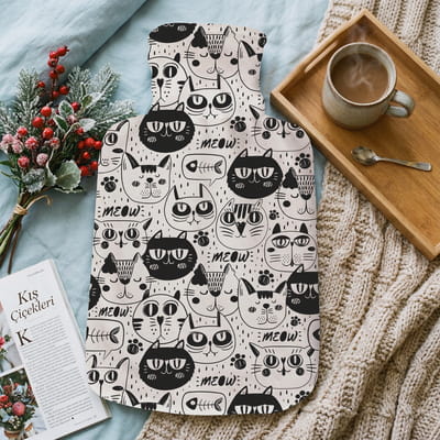 Minimal Sevimli Kedi Tasarımlı Sıcak Su Torbası