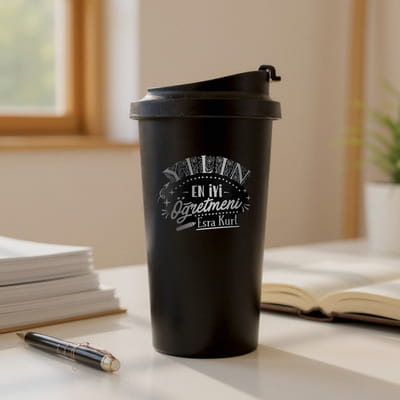 Öğretmen Eşe Hediye Mat Siyah Çelik Termos