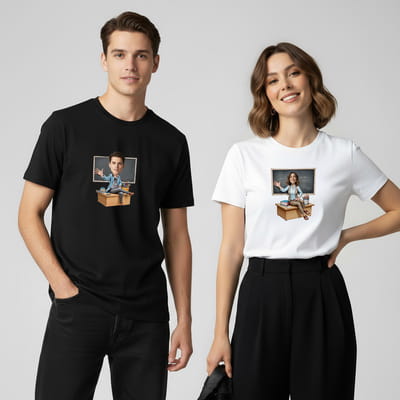 Öğretmenlere Karikatür Baskılı Kişiye Özel Tişört