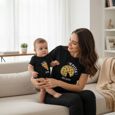 Pizza Tasarımlı Anne Tişört Çocuk Body Kombini - %100 Pamuklu Kumaş
