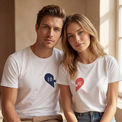 Puzzle Kalpli Sevgiliye Özel İkili Tişört Kombini - %100 Pamuklu Kumaş