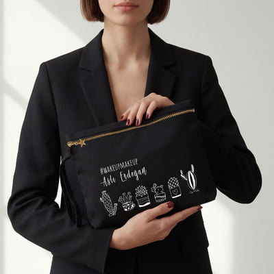 Retro Kaktüs Tasarımlı Kişiye Özel Kanvas Makyaj Çantası