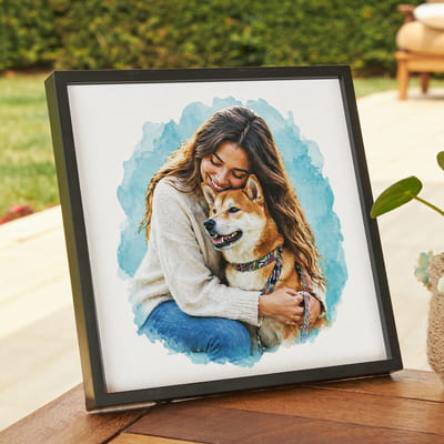 Sulu Boya Tasarımlı Evcil Hayvan Portresi Siyah Kare Çerçeve