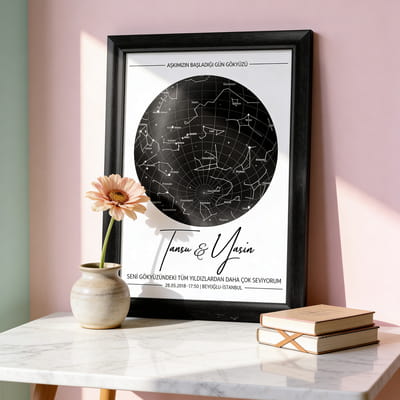 Yıl Dönümü Yıldız Haritası Tasarımlı Hediye Çerçeve