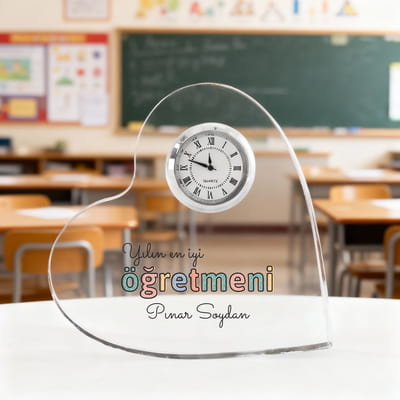 Yılın En İyi Öğretmeni İsimli Akrilik Saat Kalp Ödülü