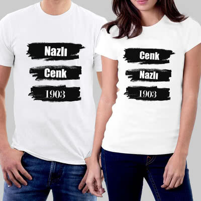 Siyah Beyaz Renkli İsimli Ve Tarihli Sevgili Tişört Kombini - %100 Pamuklu Kumaş