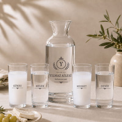 Aileden Biri Kişiye Özel 4'lü Rakı Kadehi ve Karaf Seti