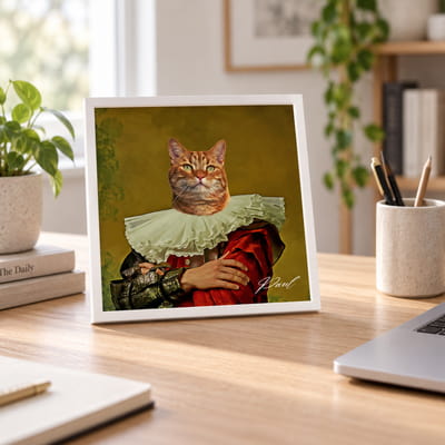 Evcil Hayvan Yağlı Boya Tasarımlı Kare Beyaz Fotoğraf Çerçevesi