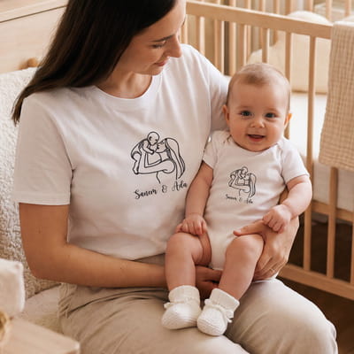 Fotoğrafınıza Özel Line Art Tasarımlı Anne Tişört Bebek Body Kombini