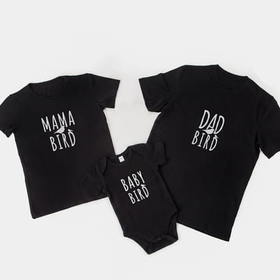 Kuş Tasarımlı Anne Baba Tişört Bebek Body 3'lü Aile Kombini